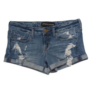 Express Ripped Distressed Cuffed Denim Jean Shortie Shorts 0 Blue